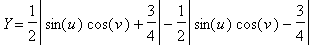 Y = 1/2*abs(sin(u)*cos(v)+3/4)-1/2*abs(sin(u)*cos(v)-3/4)