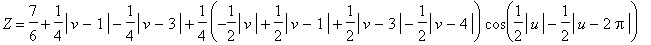 Z = 7/6+1/4*abs(v-1)-1/4*abs(v-3)+1/4*(-1/2*abs(v)+1/2*abs(v-1)+1/2*abs(v-3)-1/2*abs(v-4))*cos(1/2*abs(u)-1/2*abs(u-2*Pi))-1/4*(-1/2*abs(v)+1/2*abs(v-1)+1/2*abs(v-3)-1/2*abs(v-4))*sin(1/2*abs(u)-1/2*ab...