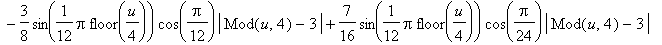 Y3 = (1/2*abs(v)-1/2*abs(v-1)-1/2*abs(v-3/2)+1/2*abs(v-5/2))*(1/2*sin(1/12*Pi*floor(1/4*u))+1/2*sin(1/12*Pi*floor(1/4*u))*cos(1/24*Pi)*abs(Mod(u,4))-9/16*sin(1/12*Pi*floor(1/4*u))*cos(1/24*Pi)*abs(Mod(...
