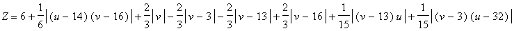 Z = 6+1/6*abs((u-14)*(v-16))+2/3*abs(v)-2/3*abs(v-3)-2/3*abs(v-13)+2/3*abs(v-16)+1/15*abs((v-13)*u)+1/15*abs((v-3)*(u-32))+1/6*abs((v-13)*(u-19))-1/15*abs(v*(u-32))-1/2*abs(u-6)-1/15*abs((v-13)*(u-27))...