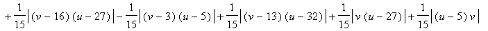 Z = 6+1/6*abs((u-14)*(v-16))+2/3*abs(v)-2/3*abs(v-3)-2/3*abs(v-13)+2/3*abs(v-16)+1/15*abs((v-13)*u)+1/15*abs((v-3)*(u-32))+1/6*abs((v-13)*(u-19))-1/15*abs(v*(u-32))-1/2*abs(u-6)-1/15*abs((v-13)*(u-27))...