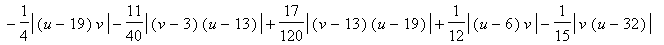 X = 3/20*abs(u)-3/20*abs(u-5)+11/40*abs((v-3)*(u-19))-1/12*abs((v-13)*(u-6))-1/20*abs((v-13)*u)-1/12*abs((u-26)*v)+1/12*abs((v-16)*(u-6))-17/120*abs((v-13)*(u-20))+1/15*abs((v-3)*(u-32))+1/4*abs(v*(u-2...