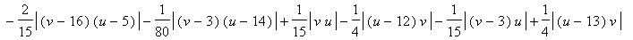 X = 3/20*abs(u)-3/20*abs(u-5)+11/40*abs((v-3)*(u-19))-1/12*abs((v-13)*(u-6))-1/20*abs((v-13)*u)-1/12*abs((u-26)*v)+1/12*abs((v-16)*(u-6))-17/120*abs((v-13)*(u-20))+1/15*abs((v-3)*(u-32))+1/4*abs(v*(u-2...