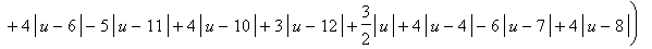 y = 6+(1/2+1/2*abs(v)-1/2*abs(v-1))*(-5-1/2*abs(u-13)+3/2*abs(u-14)-1/2*abs(u-1)+3*abs(u-2)-5*abs(u-3)-4*abs(u-9)-4*abs(u-5)+4*abs(u-6)-5*abs(u-11)+4*abs(u-10)+3*abs(u-12)+3/2*abs(u)+4*abs(u-4)-6*abs(u...