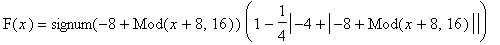 F(x) = signum(-8+Mod(x+8,16))*(1-1/4*abs(-4+abs(-8+Mod(x+8,16))))