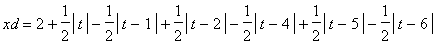 xd = 2+1/2*abs(t)-1/2*abs(t-1)+1/2*abs(t-2)-1/2*abs(t-4)+1/2*abs(t-5)-1/2*abs(t-6)
