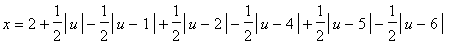x = 2+1/2*abs(u)-1/2*abs(u-1)+1/2*abs(u-2)-1/2*abs(u-4)+1/2*abs(u-5)-1/2*abs(u-6)