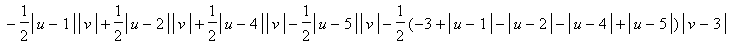 y = 1/2*(-3+abs(u-1)-abs(u-2)-abs(u-4)+abs(u-5))*abs(v-1)+abs(u-1)-3/2*abs(u-2)+abs(u-3)-3/2*abs(u-4)+abs(u-5)+3/2*abs(v)-1/2*abs(u-1)*abs(v)+1/2*abs(u-2)*abs(v)+1/2*abs(u-4)*abs(v)-1/2*abs(u-5)*abs(v)...