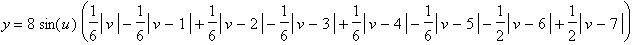 y = 8*sin(u)*(1/6*abs(v)-1/6*abs(v-1)+1/6*abs(v-2)-1/6*abs(v-3)+1/6*abs(v-4)-1/6*abs(v-5)-1/2*abs(v-6)+1/2*abs(v-7))