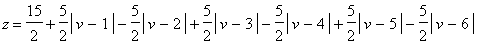 z = 15/2+5/2*abs(v-1)-5/2*abs(v-2)+5/2*abs(v-3)-5/2*abs(v-4)+5/2*abs(v-5)-5/2*abs(v-6)
