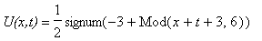 `U(x,t)` = 1/2*signum(-3+Mod(x+t+3,6))*(3/4*abs(-3+Mod(x+t+3,6))-9/4*abs(abs(-3+Mod(x+t+3,6))-2)+3/2*abs(abs(-3+Mod(x+t+3,6))-3))+1/2*signum(-3+Mod(x-t+3,6))*(3/4*abs(-3+Mod(x-t+3,6))-9/4*abs(abs(-3+Mo...