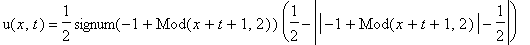 u(x,t) = 1/2*signum(-1+Mod(x+t+1,2))*(1/2-abs(abs(-1+Mod(x+t+1,2))-1/2))+1/2*signum(-1+Mod(x-t+1,2))*(1/2-abs(abs(-1+Mod(x-t+1,2))-1/2))