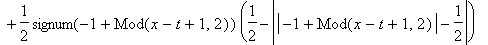u(x,t) = 1/2*signum(-1+Mod(x+t+1,2))*(1/2-abs(abs(-1+Mod(x+t+1,2))-1/2))+1/2*signum(-1+Mod(x-t+1,2))*(1/2-abs(abs(-1+Mod(x-t+1,2))-1/2))