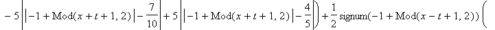 `U(x,t)` = 1/2*signum(-1+Mod(x+t+1,2))*(5*abs(abs(-1+Mod(x+t+1,2))-1/2)-5*abs(abs(-1+Mod(x+t+1,2))-3/5)-5*abs(abs(-1+Mod(x+t+1,2))-7/10)+5*abs(abs(-1+Mod(x+t+1,2))-4/5))+1/2*signum(-1+Mod(x-t+1,2))*(5*...