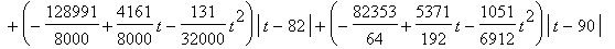 Y = 1/2*t+(-185/54+34/27*t-4/27*t^2)*abs(t-2)+(101/54-22/27*t+4/27*t^2)*abs(t-5)+(671/54-74/27*t+4/27*t^2)*abs(t-7)+(-17131/1728+4211/1728*t-1051/6912*t^2)*abs(t-10)+(-40391/8000+2389/8000*t-131/32000*...