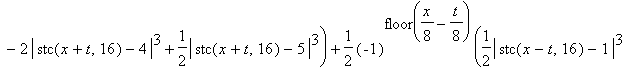 u = 1/2*(-1)^floor(1/8*x+1/8*t)*(1/2*abs(stc(x+t,16)-1)^3-2*abs(stc(x+t,16)-2)^3+3*abs(stc(x+t,16)-3)^3-2*abs(stc(x+t,16)-4)^3+1/2*abs(stc(x+t,16)-5)^3)+1/2*(-1)^floor(1/8*x-1/8*t)*(1/2*abs(stc(x-t,16)...