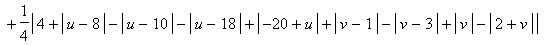 Z = -1/4*abs(abs(u-8)-abs(u-10)-abs(u-18)+abs(-20+u)+abs(v-1)-abs(v-3)+abs(v)-abs(2+v))+1/4*abs(4+abs(u-8)-abs(u-10)-abs(u-18)+abs(-20+u)+abs(v-1)-abs(v-3)+abs(v)-abs(2+v))