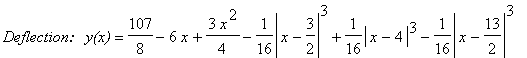 `Deflection:   y(x)` = 107/8-6*x+3/4*x^2-1/16*abs(x-3/2)^3+1/16*abs(x-4)^3-1/16*abs(x-13/2)^3