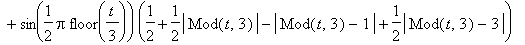 X = cos(1/2*Pi*floor(1/3*t))*(1/2+1/2*abs(Mod(t,3))-abs(Mod(t,3)-2)+1/2*abs(Mod(t,3)-3))+sin(1/2*Pi*floor(1/3*t))*(1/2+1/2*abs(Mod(t,3))-abs(Mod(t,3)-1)+1/2*abs(Mod(t,3)-3))