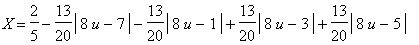 X = 2/5-13/20*abs(8*u-7)-13/20*abs(8*u-1)+13/20*abs(8*u-3)+13/20*abs(8*u-5)+(7/15+7/60*abs(8*u-7)+7/60*abs(8*u-1)-7/60*abs(8*u-3)-7/60*abs(8*u-5))*v+(-3/5-3/20*abs(8*u-7)-3/20*abs(8*u-1)+3/20*abs(8*u-3...