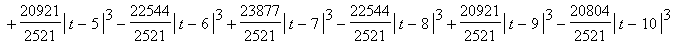 Y = -4113137/2521+901110/2521*t-64365/2521*t^2+6674/2521*abs(t-1)^3-14091/2521*abs(t-2)^3+19438/2521*abs(t-3)^3-20804/2521*abs(t-4)^3+20921/2521*abs(t-5)^3-22544/2521*abs(t-6)^3+23877/2521*abs(t-7)^3-2...