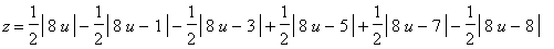 z = 1/2*abs(8*u)-1/2*abs(8*u-1)-1/2*abs(8*u-3)+1/2*abs(8*u-5)+1/2*abs(8*u-7)-1/2*abs(8*u-8)+(3-1/2*abs(8*u)+1/2*abs(8*u-1)+1/2*abs(8*u-3)-1/2*abs(8*u-5)-1/2*abs(8*u-7)+1/2*abs(8*u-8))*(1/2+1/2*abs(v-2)...