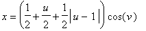 x = (1/2+1/2*u+1/2*abs(u-1))*cos(v)