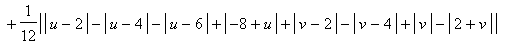 x = 1/3*abs(u)-1/3*abs(u-2)-1/3*abs(u-4)+1/3*abs(u-6)+2/3-1/6*abs(v)+1/6*abs(v-2)+1/12*abs(abs(u-2)-abs(u-4)-abs(u-6)+abs(-8+u)+abs(v-2)-abs(v-4)+abs(v)-abs(2+v))-1/12*abs(4+abs(u-2)-abs(u-4)-abs(u-6)+...