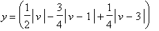 y = (1/2*abs(v)-3/4*abs(v-1)+1/4*abs(v-3))*(-1/4*3^(1/2)*abs(u-2)+1/4*3^(1/2)*abs(u)-1/4*3^(1/2)*abs(u-6)-1/4*3^(1/2)*abs(u-1)+1/4*3^(1/2)*abs(u-4)+1/4*3^(1/2)*abs(u-5))
