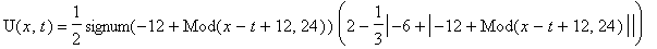 U(x,t) = 1/2*signum(-12+Mod(x-t+12,24))*(2-1/3*abs(-6+abs(-12+Mod(x-t+12,24))))+1/2*signum(-12+Mod(x+t+12,24))*(2-1/3*abs(-6+abs(-12+Mod(x+t+12,24))))