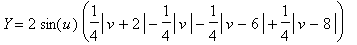 Y = 2*sin(u)*(1/4*abs(v+2)-1/4*abs(v)-1/4*abs(v-6)+1/4*abs(v-8))